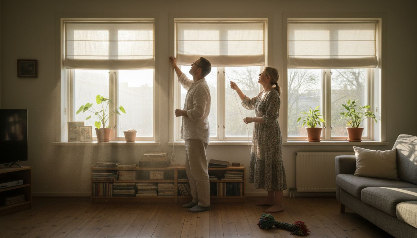 Pariskunta säätää kaihtimia valoisassa olohuoneessa.