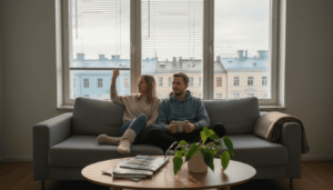 Helsinkiläinen pariskunta säätää olohuoneen sälekaihtimia kotonaan.