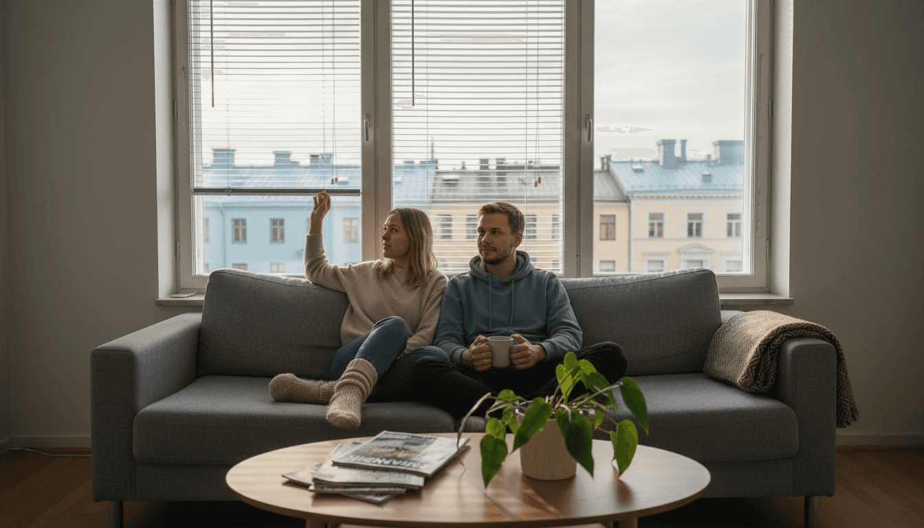Helsinkiläinen pariskunta säätää olohuoneen sälekaihtimia kotonaan.