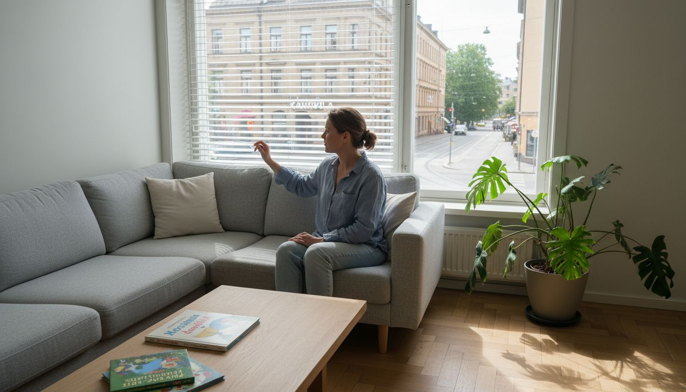 Helsinkiläisnainen säätää olohuoneensa tyylikkäitä kaihtimia.