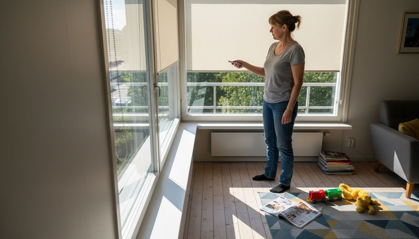 Nainen säätää olohuoneen ikkunan kaihdinta.