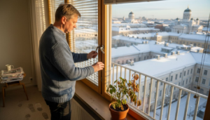 Kotona säädetään liukuovikaihtimia paikoilleen.