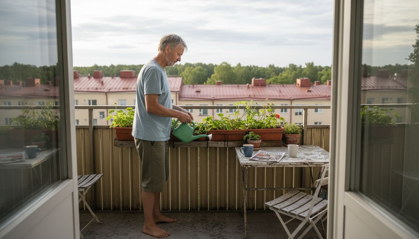 Helsinkiläismies kastelee parvekekasvejaan kesäillassa.