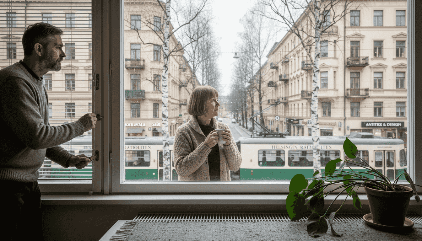 Helsinkiläispariskunta säätää ulkopuolisia sälekaihtimia kotonaan.