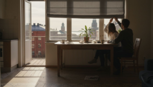 Pariskunta säätää sälekaihtimia aurinkoisessa helsinkiläiskodissa.