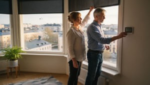 Helsinkiläisen kerrostaloasunnon omistajat säätävät aurinkosuojaverhoja kotonaan.