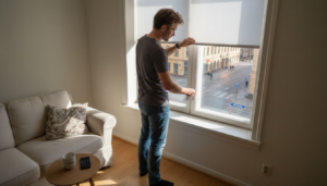 Helsinkiläismies säätää asuntoonsa sälekaihtimia.