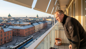 Isännöitsijä tarkastamassa parvekkeen aurinkosuojia helsinkiläisessä kerrostalossa