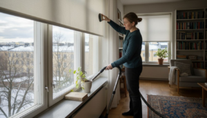 Helsinkiläisnainen pyyhkii rullaverhoja kotonaan