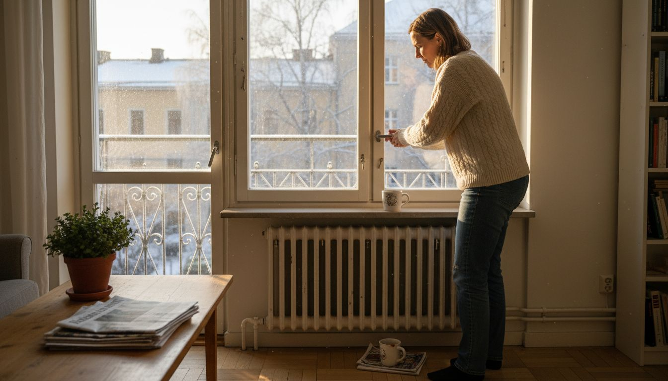 Helsinkiläiskodin ikkunaa säätämässä