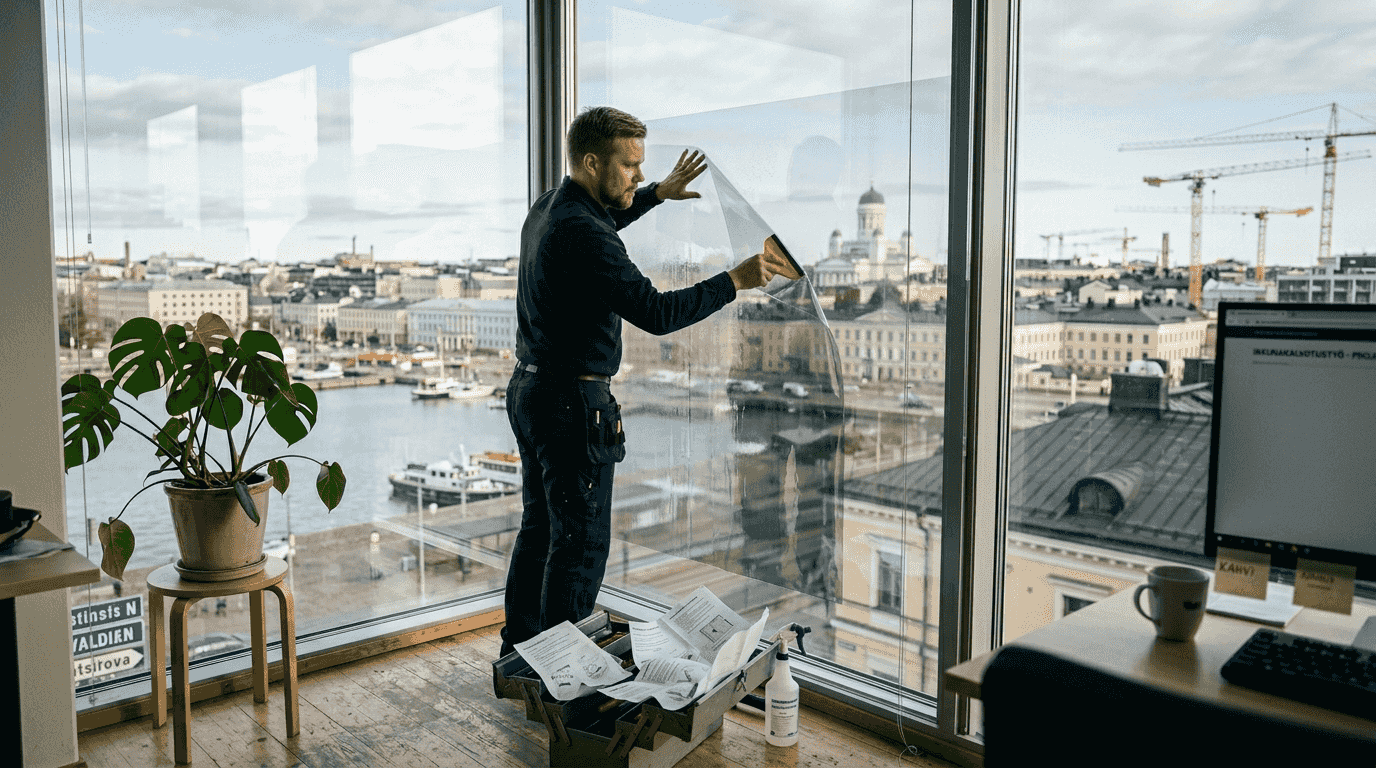 Helsinkiläistoimistossa asennetaan ikkunakalvoa