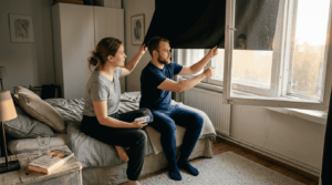 Pariskunta asentamassa pimennysverhoa makuuhuoneeseen