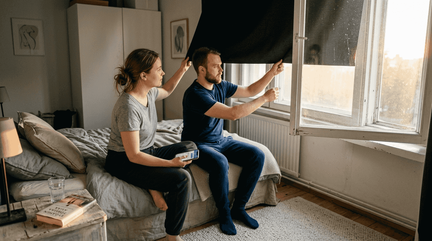 Pariskunta asentamassa pimennysverhoa makuuhuoneeseen