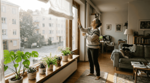 Nainen säätää olohuoneen ikkunan kaihdinta