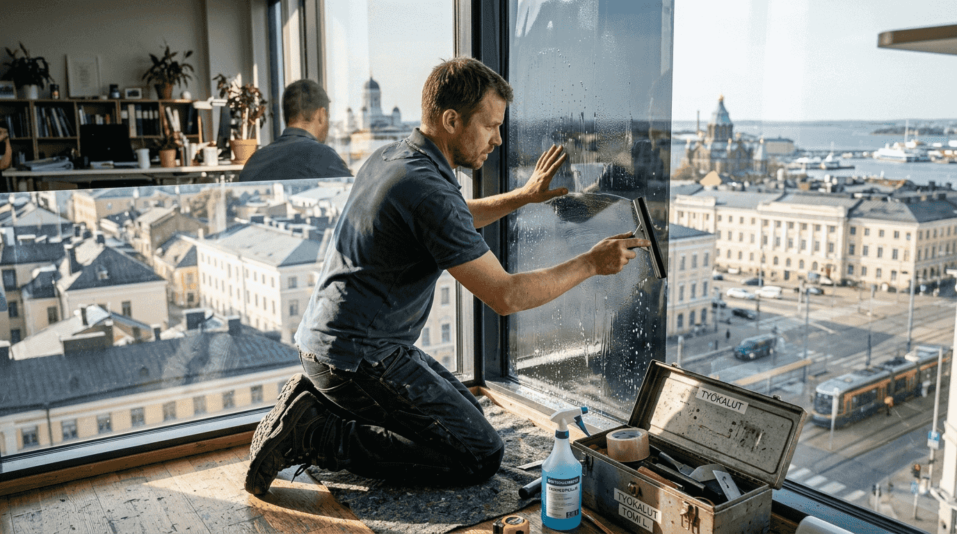 Asentaja kiinnittää aurinkosuojakalvoa helsinkiläisen toimistotalon ikkunaan.