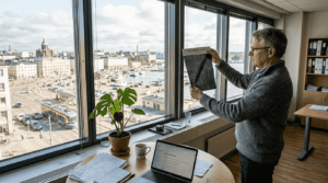 Mies tutustuu toimiston älyverhoihin ja tarkastelee niiden toimintaa.