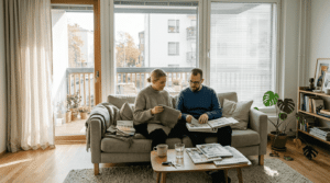 Pariskunta vertailee verhoja ja sälekaihtimia auringonvalossa, miettien kumpi sopisi paremmin heidän kotiinsa.