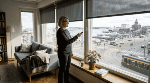 Helsinkiläinen asunnonomistaja ohjaa sähköisiä sälekaihtimiaan kotonaan.