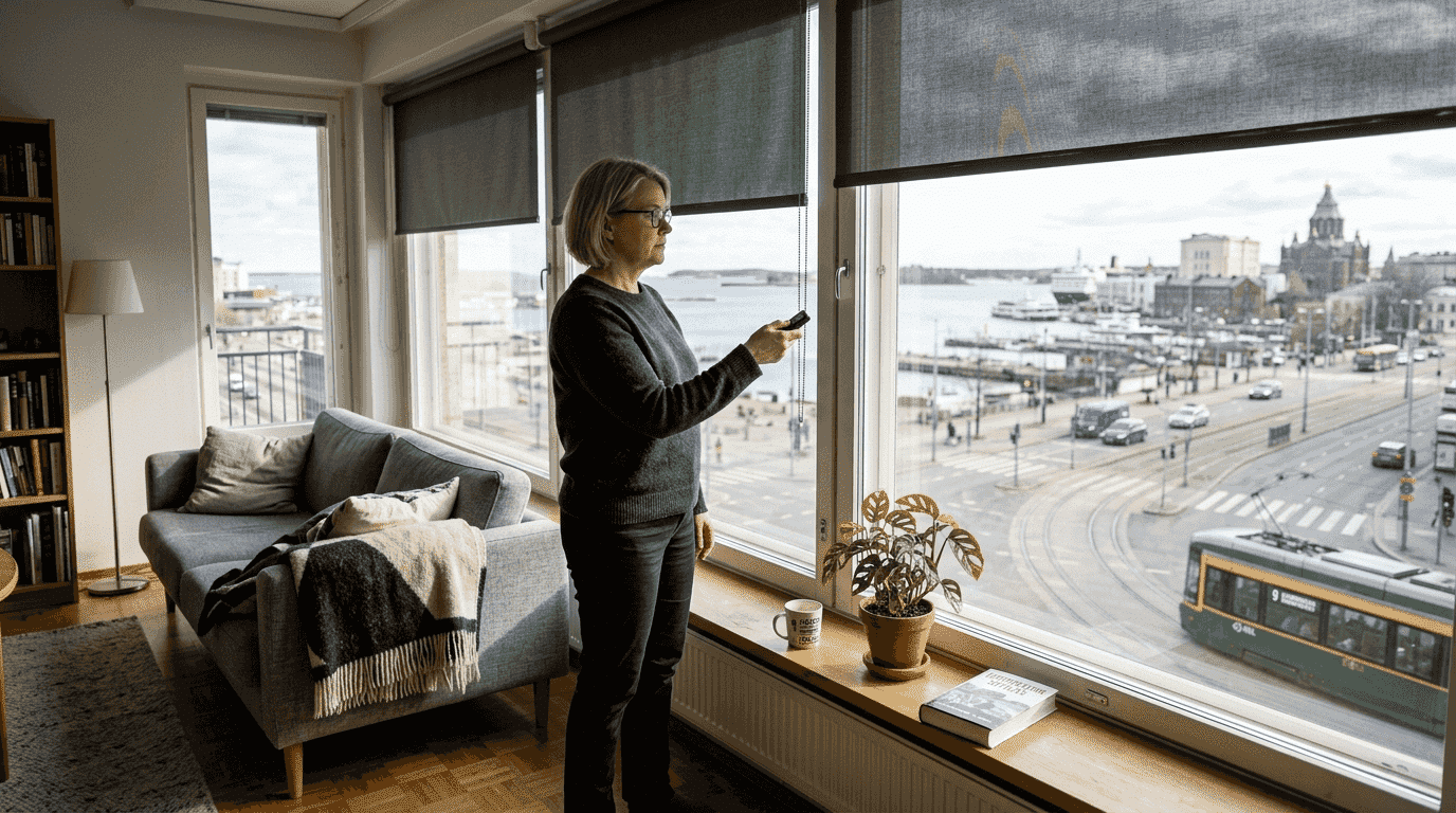 Helsinkiläinen asunnonomistaja ohjaa sähköisiä sälekaihtimiaan kotonaan.