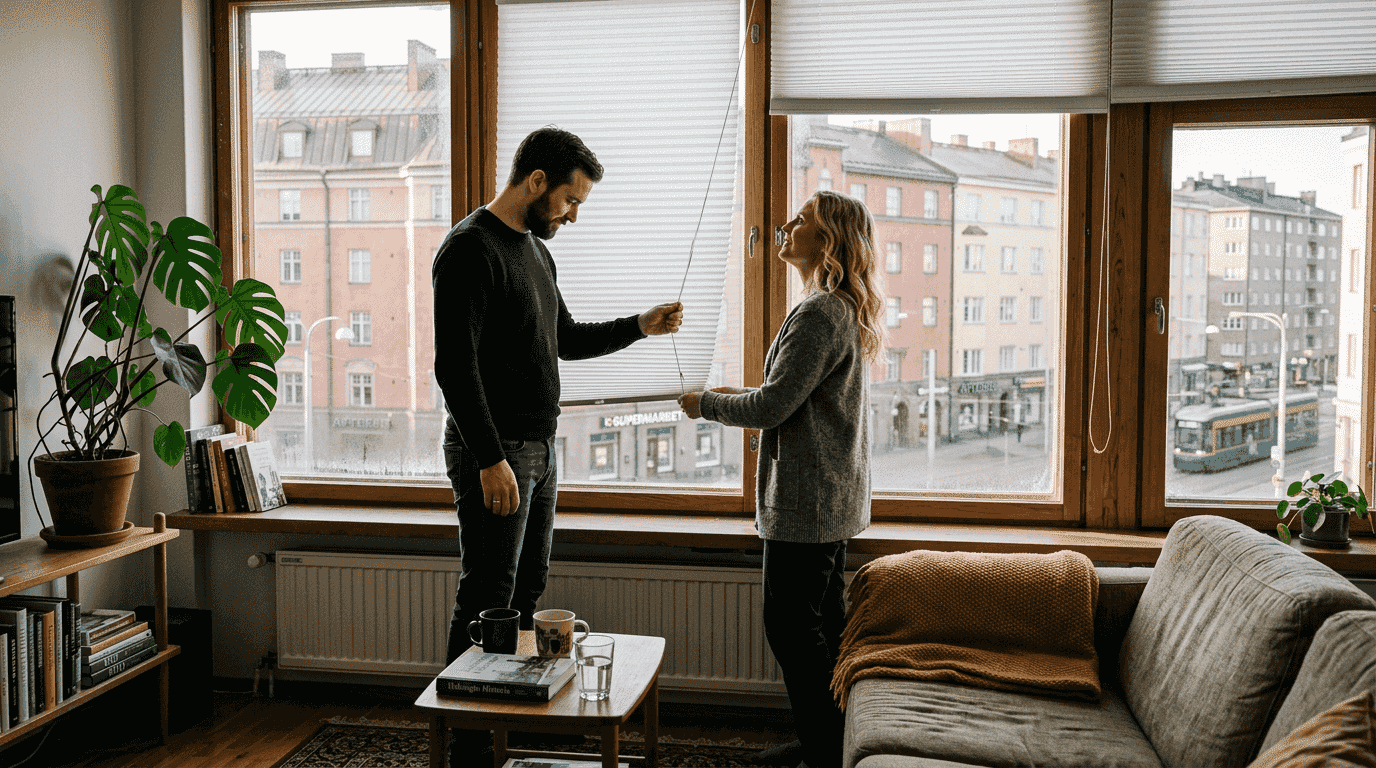 Helsinkiläispariskunta säätää energiansäästöverhoja asuntonsa ikkunoihin.