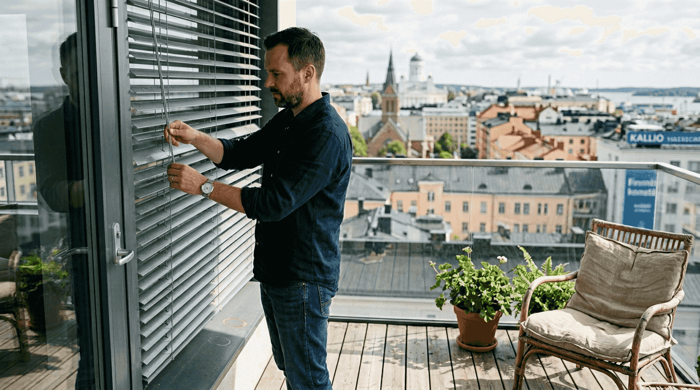 Helsinkiläismies säätää parvekkeen kaihtimia kerrostaloasunnossaan.