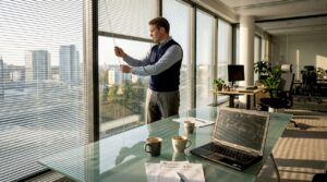 Työntekijä avaamassa neuvotteluhuoneen sälekaihtimia