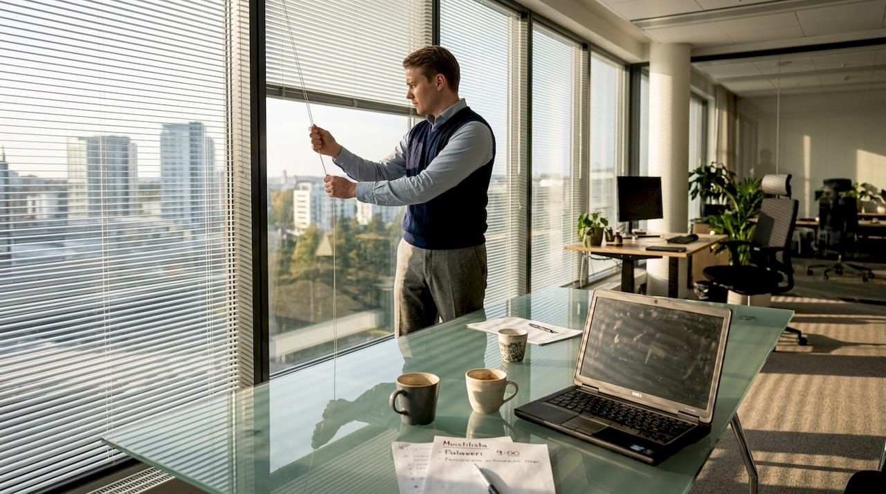 Työntekijä avaamassa neuvotteluhuoneen sälekaihtimia