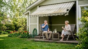 Pariskunta nauttii rauhallisesta hetkestä takapihan terassilla markiisin suojassa.