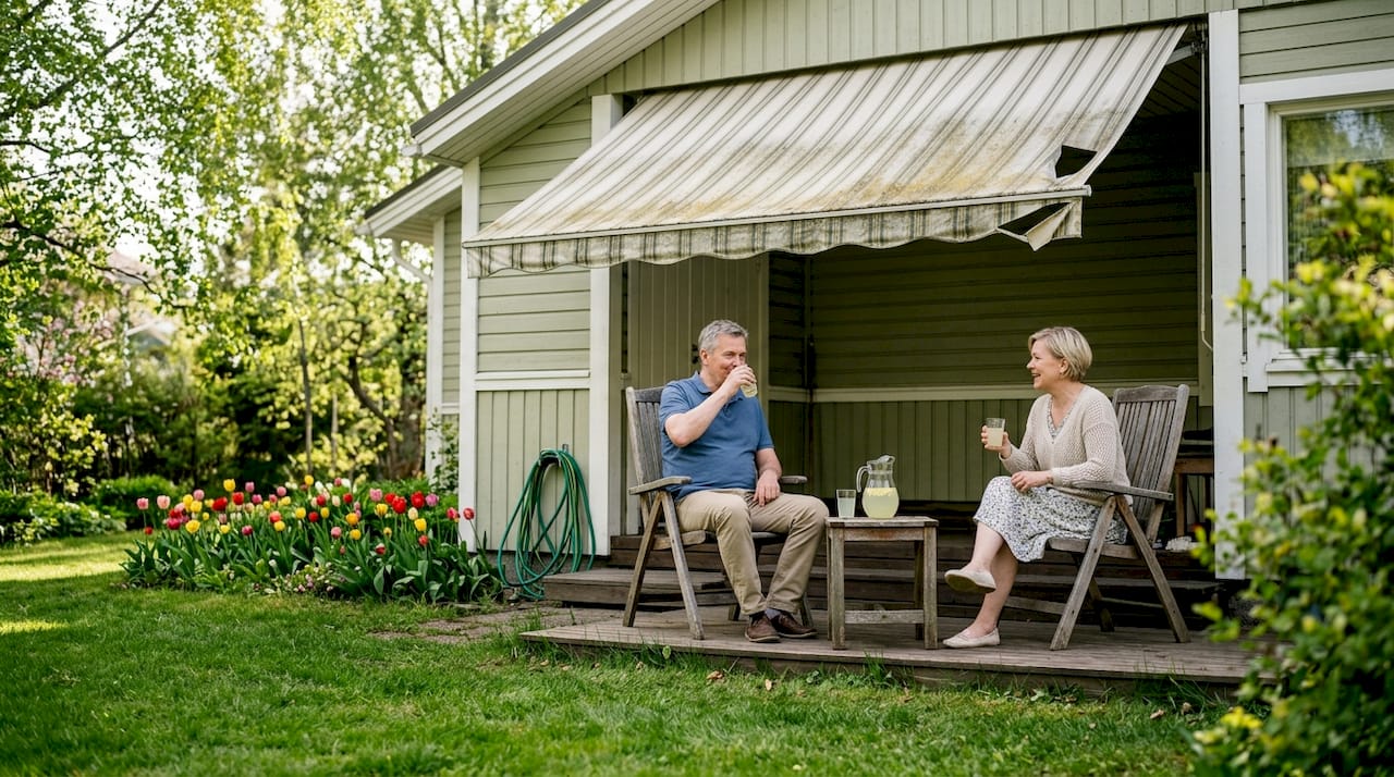 Pariskunta nauttii rauhallisesta hetkestä takapihan terassilla markiisin suojassa.