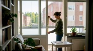 Helsinkiläisnainen mittailee parvekkeen kaihtimia asennusta varten