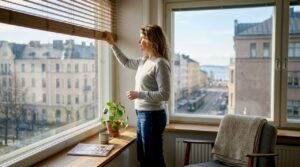 Helsinkiläisasunnossa nainen säätää puisia sälekaihtimia.