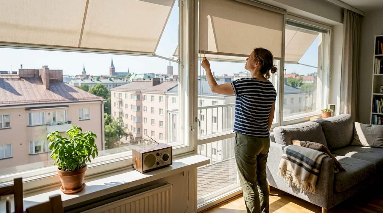 Helsinkiläinen nainen säätää kaihtimiaan kotinsa ikkunoissa
