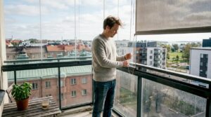 Mies kokeilee uutta parvekeverhoa helsinkiläisellä parvekkeella.