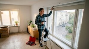 Helsinkiläismies asentaa parvekkeelleen aurinkosuojan