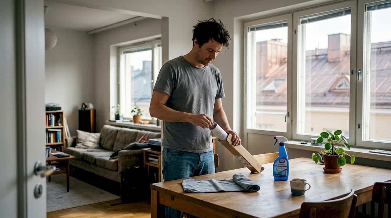 Mies valmistelee ikkunakalvopakkausta kotona.