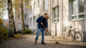 Talohuoltaja työskentelee varjoisalla sisäpihalla helsinkiläisen kerrostalon läheisyydessä.