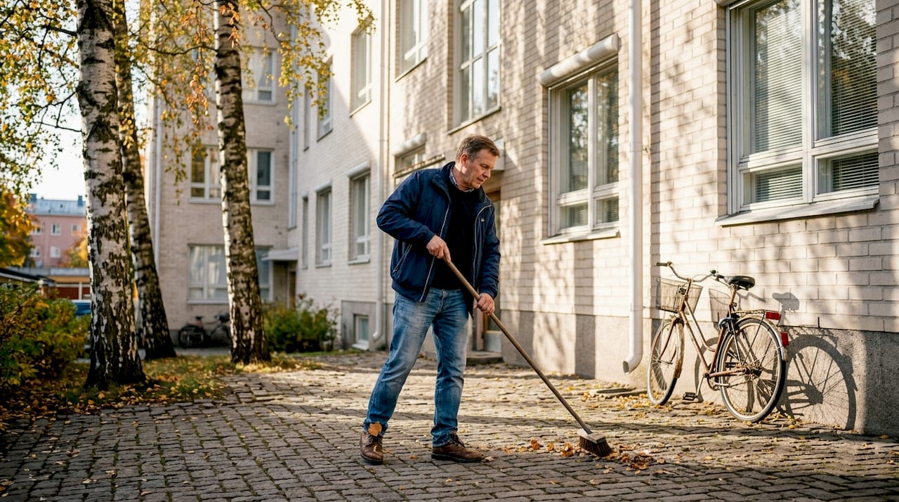Talohuoltaja työskentelee varjoisalla sisäpihalla helsinkiläisen kerrostalon läheisyydessä.