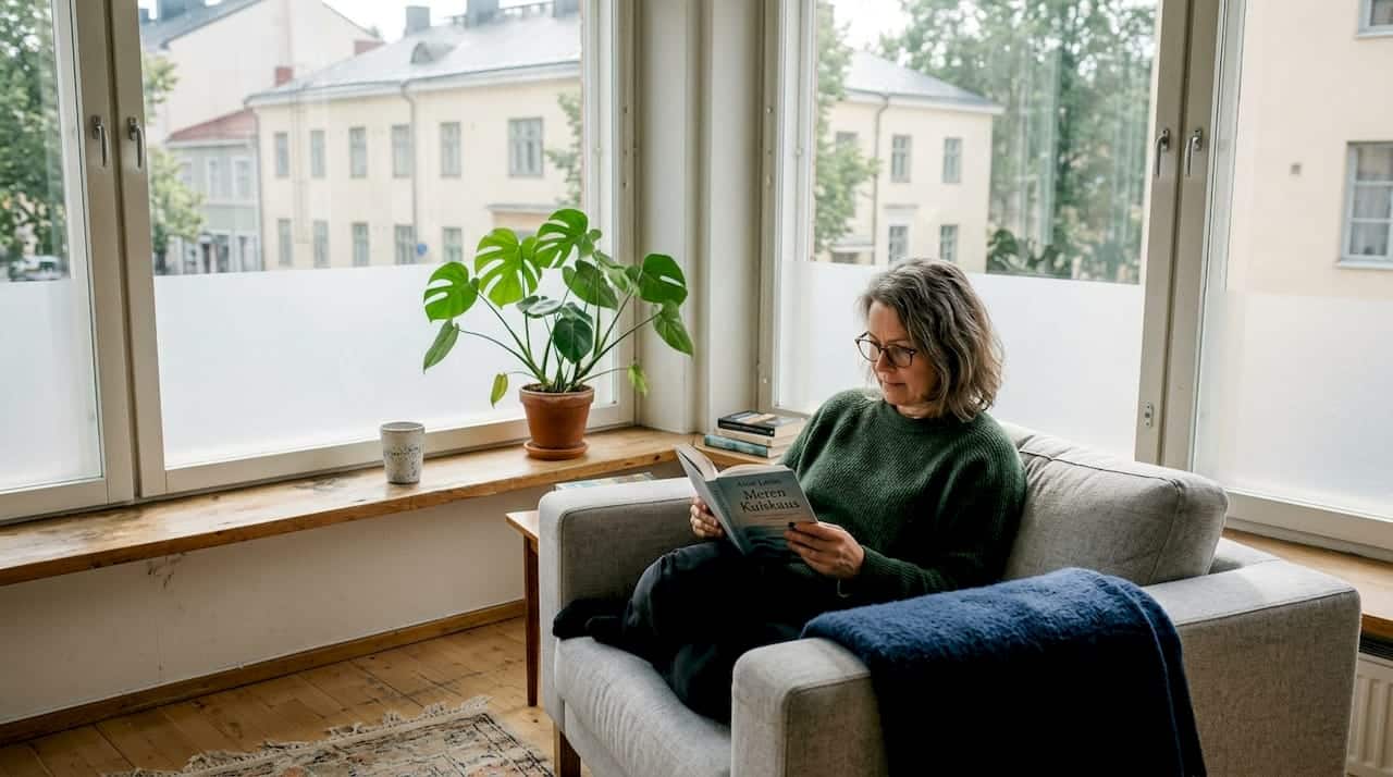 Nainen uppoutuneena kirjaan viileässä helsinkiläisessä olohuoneessa, suojassa auringon paahteelta.