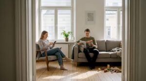 Pariskunta säätää älyverhoja olohuoneessa