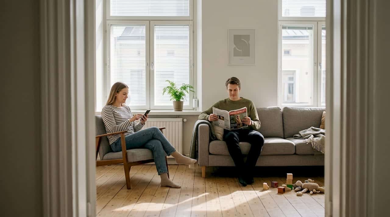 Pariskunta säätää älyverhoja olohuoneessa