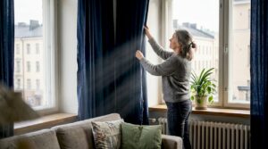 Nainen säätää verhoja parantaakseen kodin energiatehokkuutta.