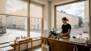 Myyjä tekee töitä liiketilassa, jossa auringonsuojat pitävät liiallisen valon loitolla.