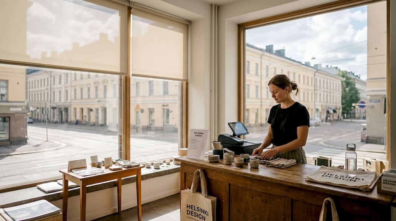 Myyjä tekee töitä liiketilassa, jossa auringonsuojat pitävät liiallisen valon loitolla.