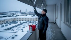 Huoltotyöntekijä tarkastamassa aurinkosuojia talvikaudella.