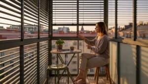 Asukas säätää tyylikkäitä parvekekaihtimiaan kaupungin kerrostaloasunnossa.