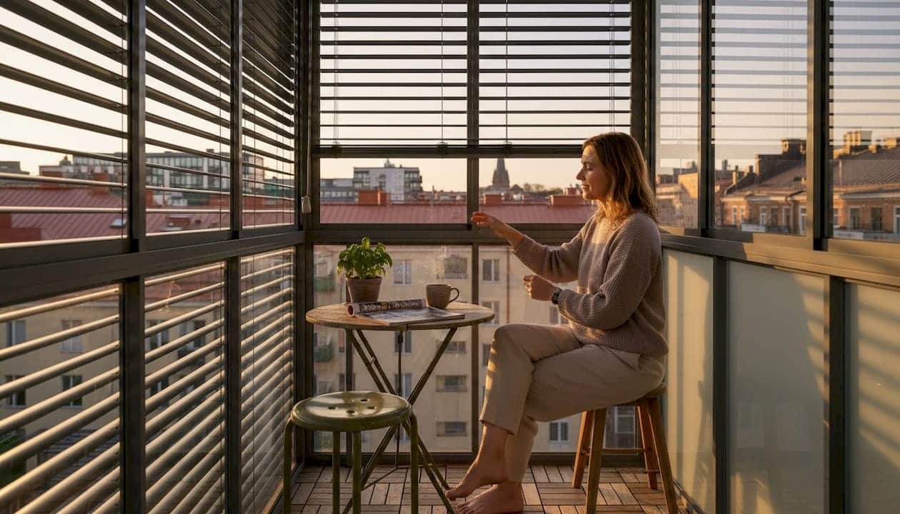 Asukas säätää tyylikkäitä parvekekaihtimiaan kaupungin kerrostaloasunnossa.