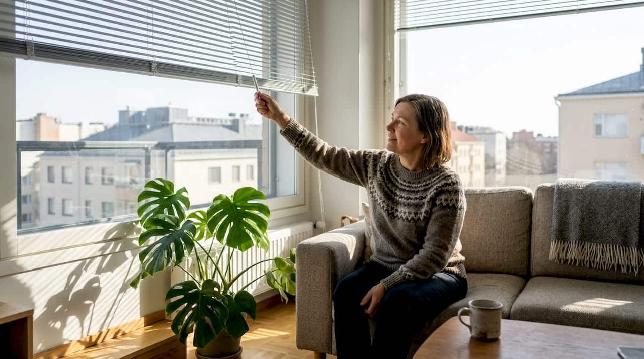 Kaupungin kerrostaloasunnossa nainen vetää sälekaihtimet alas.