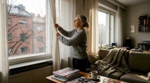 Helsinkiläisnainen suoristelee verhoja kotonaan