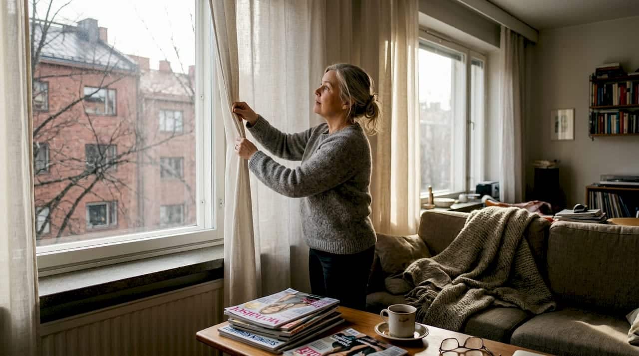 Helsinkiläisnainen suoristelee verhoja kotonaan