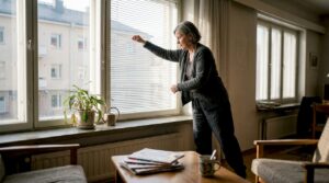 Suomalaisessa olohuoneessa nainen vetää kaihtimet alas.